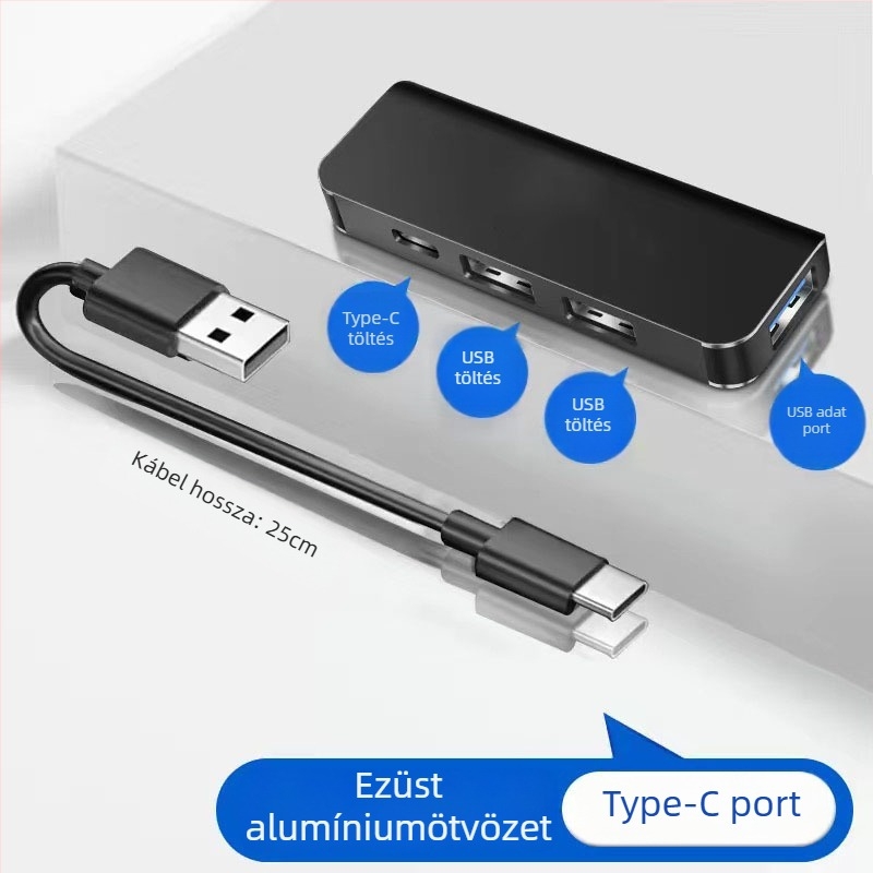 USB-C autós hub, 4 porttal, USB 3.1, USB-n keresztüli táplálás