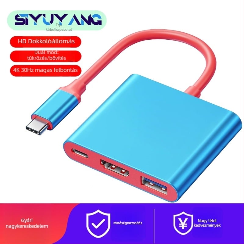 Type-C 3-in-1 dokkoló állomás HDTV/TV/projektorhoz — 4K videó kimenet, 0,1 m kábel, külső tápegítés nélkül