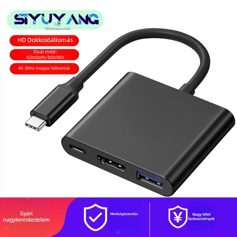 Type-C 3-in-1 dokkoló állomás HDTV/TV/projektorhoz — 4K videó kimenet, 0,1 m kábel, külső tápegítés nélkül