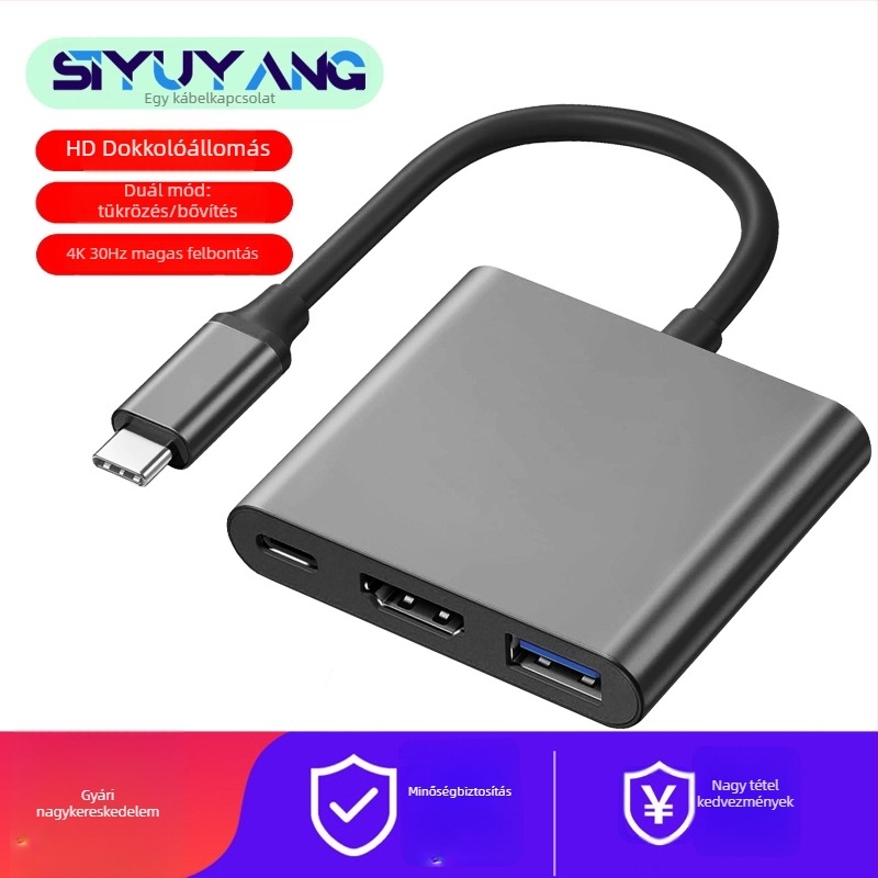 Type-C 3-in-1 dokkoló állomás HDTV/TV/projektorhoz — 4K videó kimenet, 0,1 m kábel, külső tápegítés nélkül