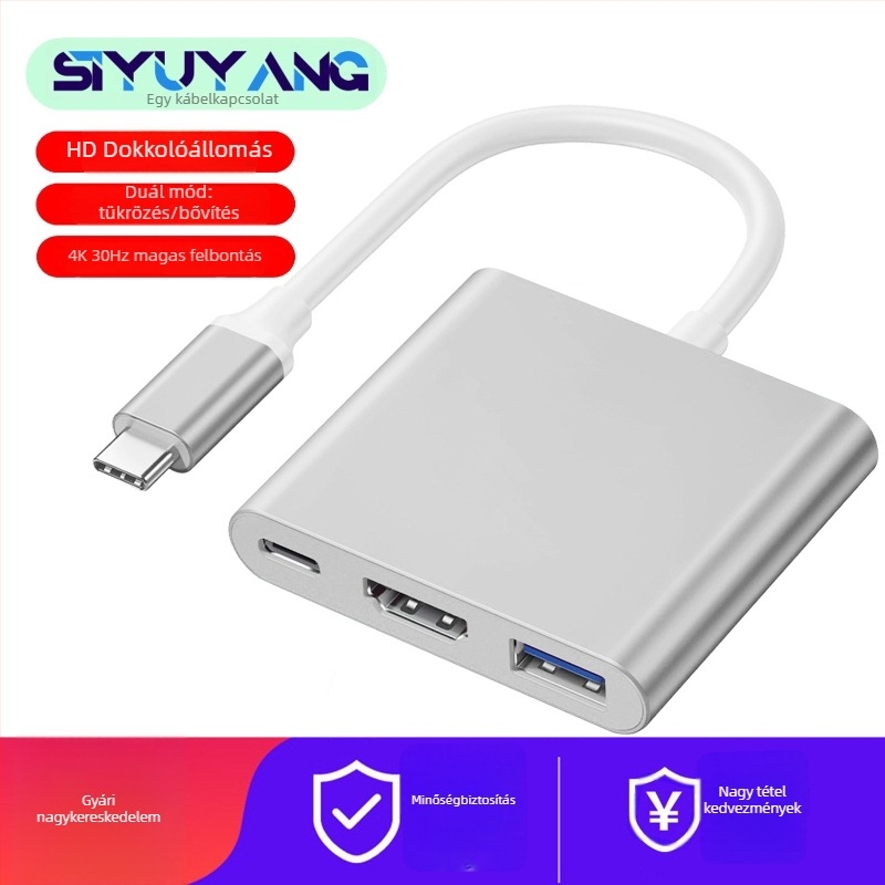 Type-C 3-in-1 dokkoló állomás HDTV/TV/projektorhoz — 4K videó kimenet, 0,1 m kábel, külső tápegítés nélkül