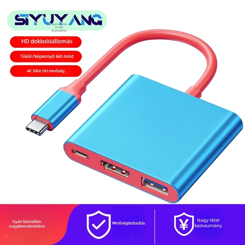 Type-C 3-in-1 dokkoló állomás HDTV/TV/projektorhoz — 4K videó kimenet, 0,1 m kábel, külső tápegítés nélkül
