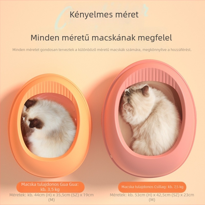 Extra nagy macskaalom-tál nyitott, félzárt kialakítással, anti-szórás funkcióval, tojás alakú