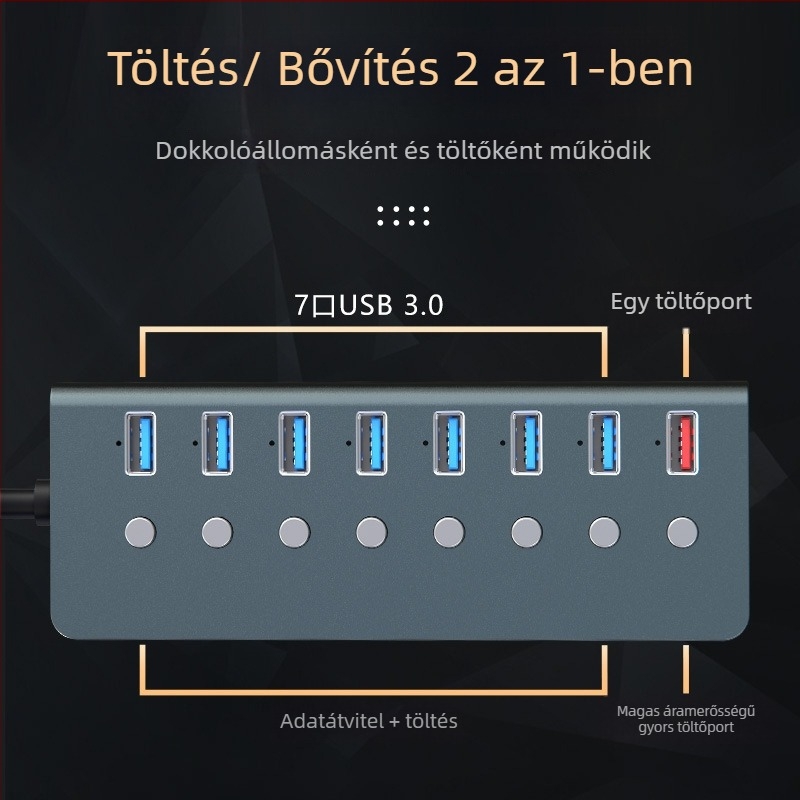 Ipari USB 3.0 8-portos dokkoló állomás független kapcsolókkal, külső tápegységgel - Modell T292