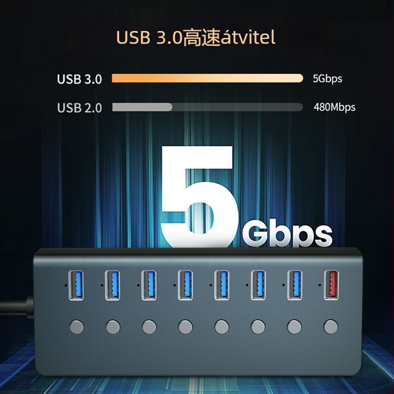 Ipari USB 3.0 8-portos dokkoló állomás független kapcsolókkal, külső tápegységgel - Modell T292