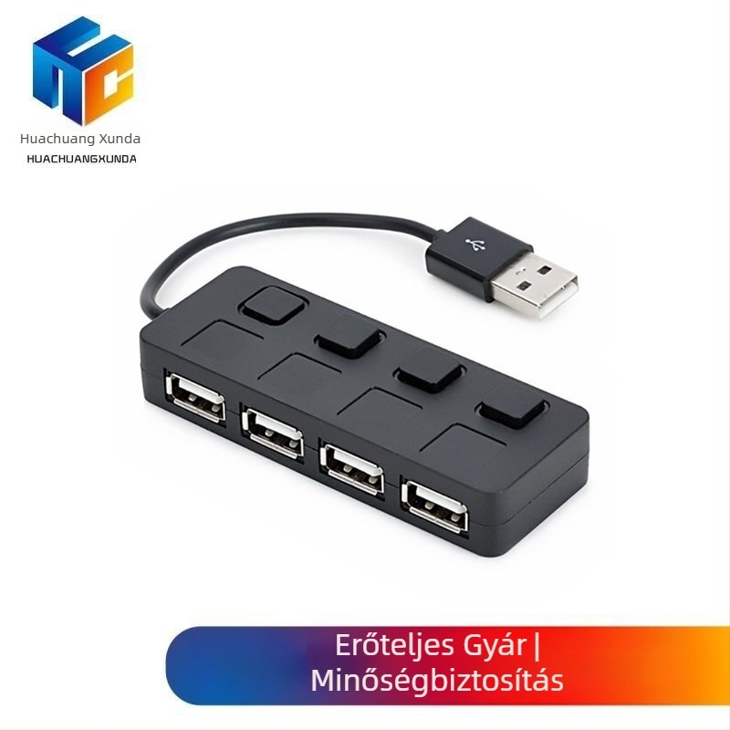 USB 2.0 4-portos hub egyedi portkapcsolókkal, 15 cm kábel, külső tápegység nélkül