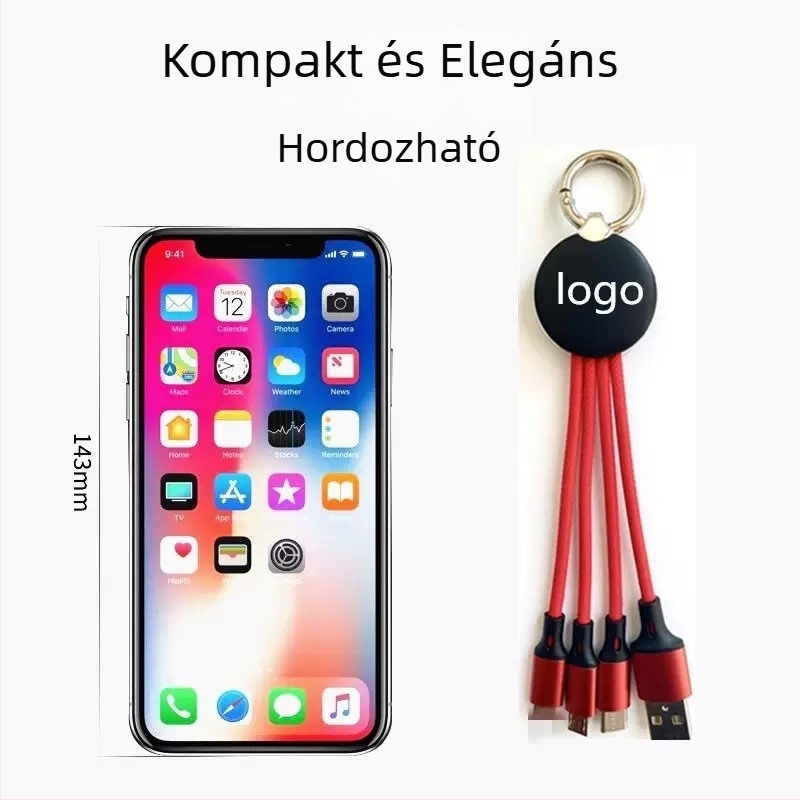 4 az 1-ben adat- és töltőkábel kulcstartóval – Lightning, Micro USB és Type-C; 1–3 elágazó csatlakozó; indikátor fény; szövött kábel; maximális teljesítmény 5W