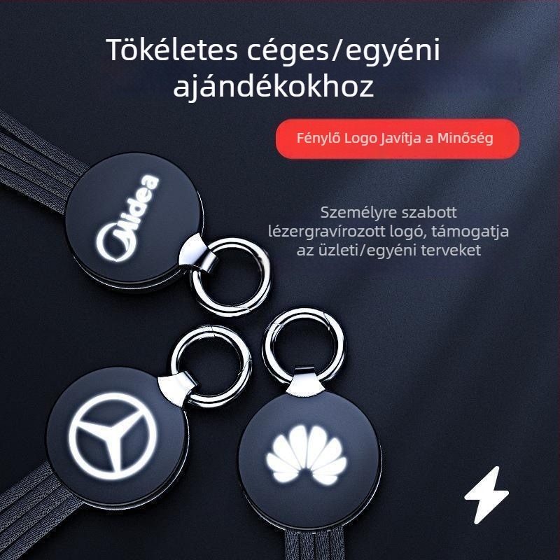 4 az 1-ben adat- és töltőkábel kulcstartóval – Lightning, Micro USB és Type-C; 1–3 elágazó csatlakozó; indikátor fény; szövött kábel; maximális teljesítmény 5W