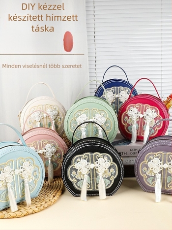 Kínai stílusú DIY hímzőkészlet kör alakú crossbody táskának (Anyag: PU; Forma: kör; Stílus: crossbody; Zárás: cipzár; Belső zseb a telefon számára)
