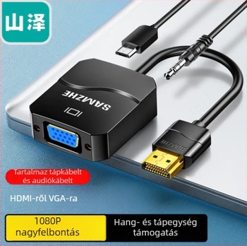 HDMI to VGA videóadapter hanggal, USB táplálás, aranyozott érintkezők