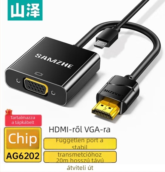 HDMI to VGA videóadapter hanggal, USB táplálás, aranyozott érintkezők