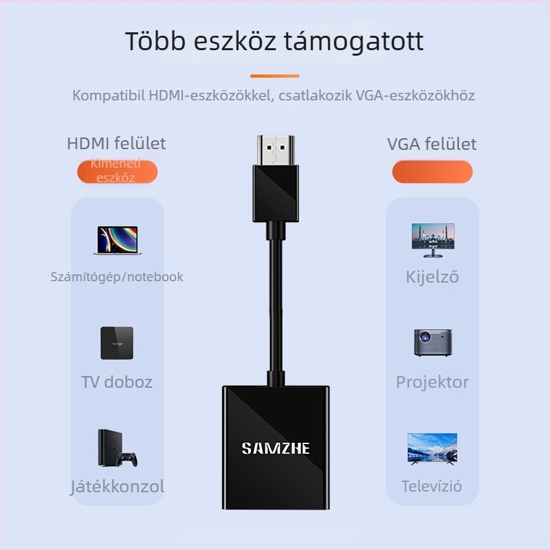 HDMI to VGA videóadapter hanggal, USB táplálás, aranyozott érintkezők