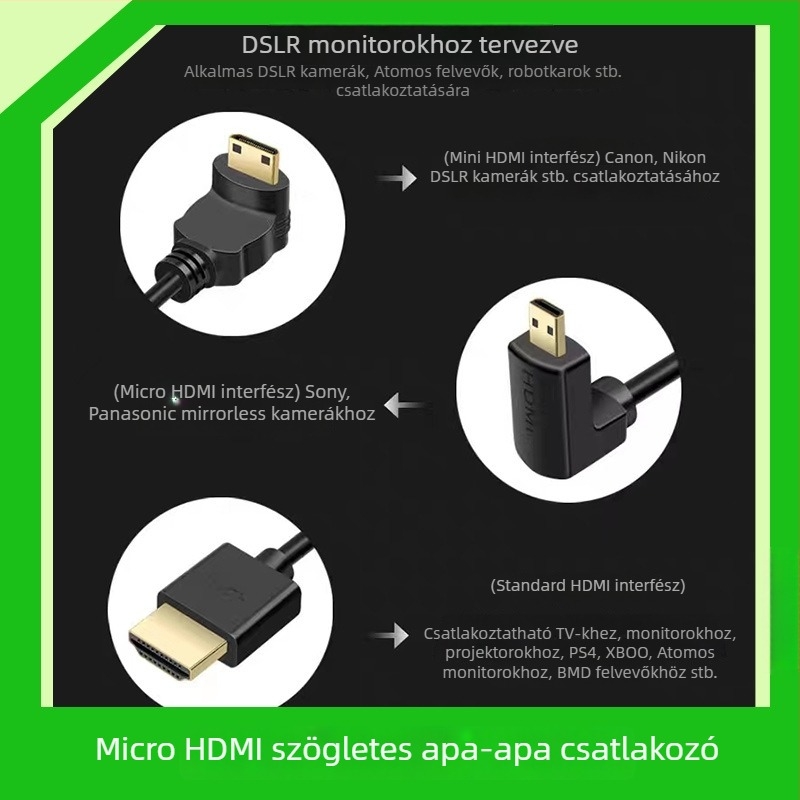 HDMI A-tól micro HDMI-ig kábel, 1,5 m, aranyozott, 90° többirányú csatlakozó, kamerák és számítógépekhez
