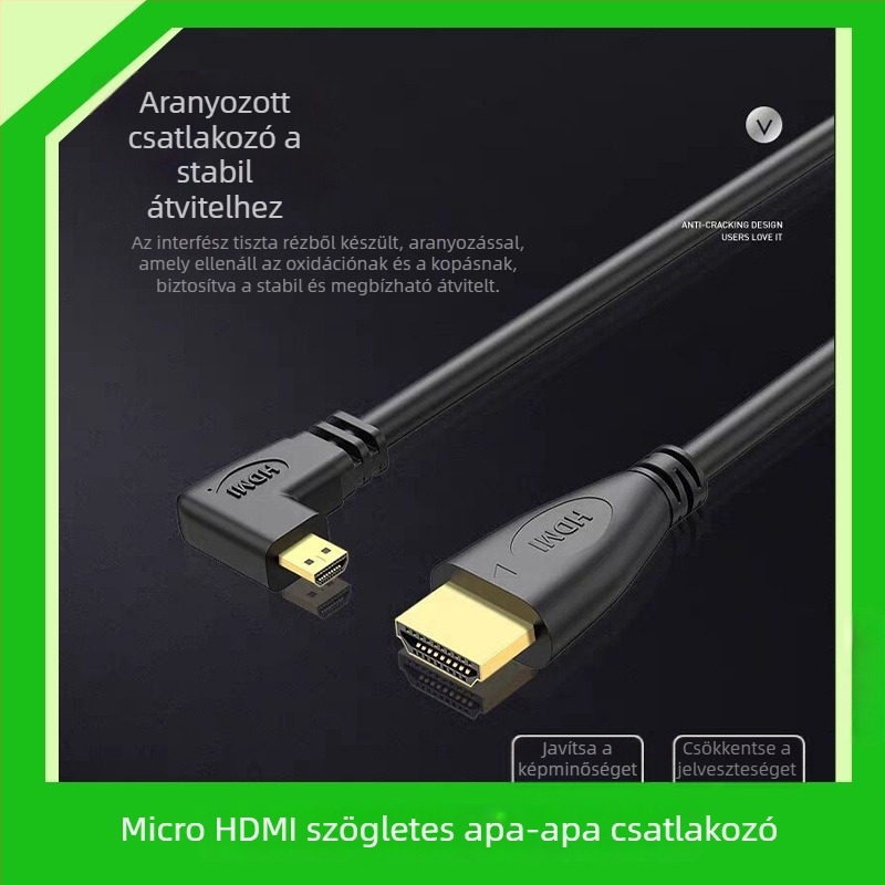 HDMI A-tól micro HDMI-ig kábel, 1,5 m, aranyozott, 90° többirányú csatlakozó, kamerák és számítógépekhez