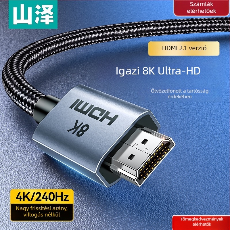 HDMI 2.1 kábel, A típusú csatlakozóval, aranyozott csatlakozók, támogatja az 8K és 4K felbontást