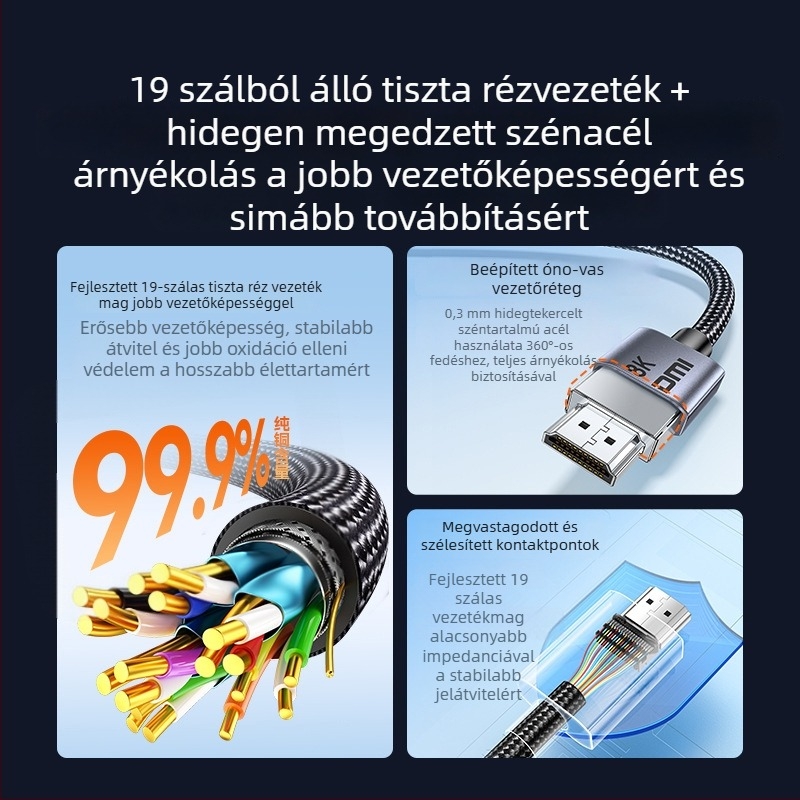 HDMI 2.1 kábel, A típusú csatlakozóval, aranyozott csatlakozók, támogatja az 8K és 4K felbontást