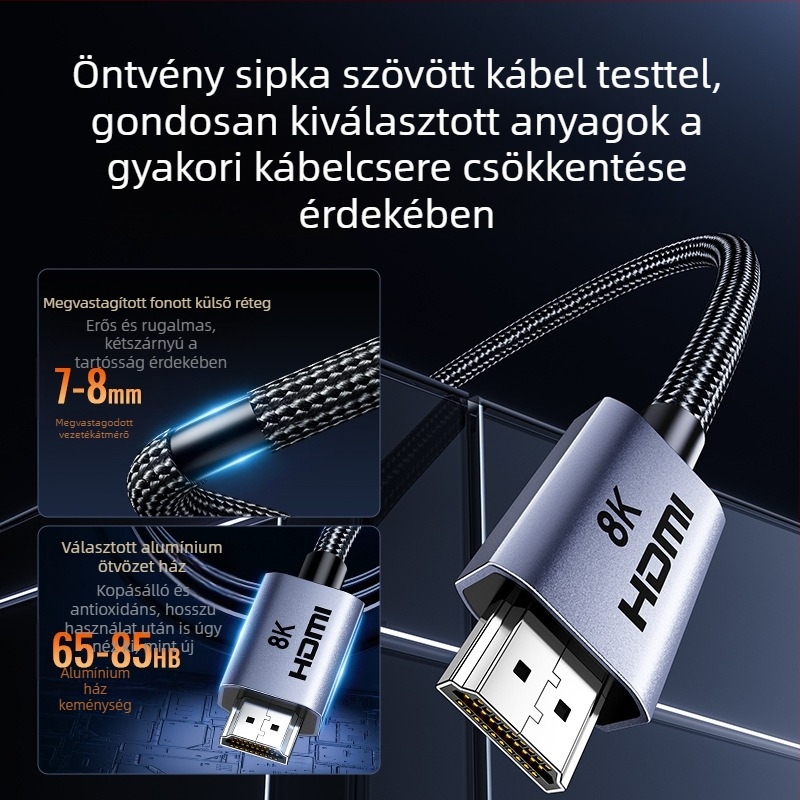 HDMI 2.1 kábel, A típusú csatlakozóval, aranyozott csatlakozók, támogatja az 8K és 4K felbontást