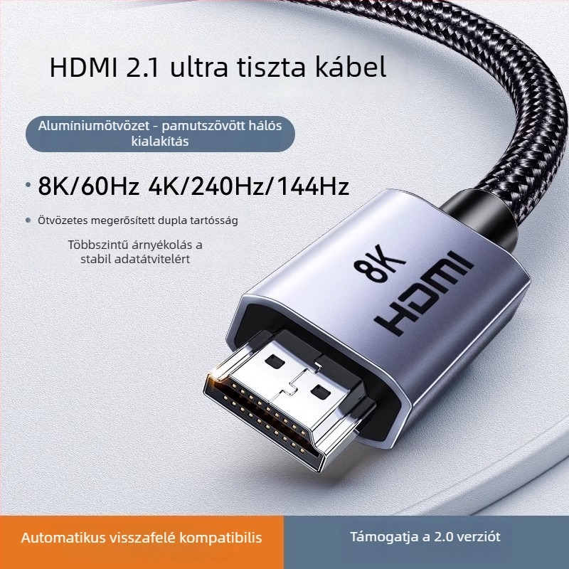 HDMI 2.1 kábel, A típusú csatlakozóval, aranyozott csatlakozók, támogatja az 8K és 4K felbontást