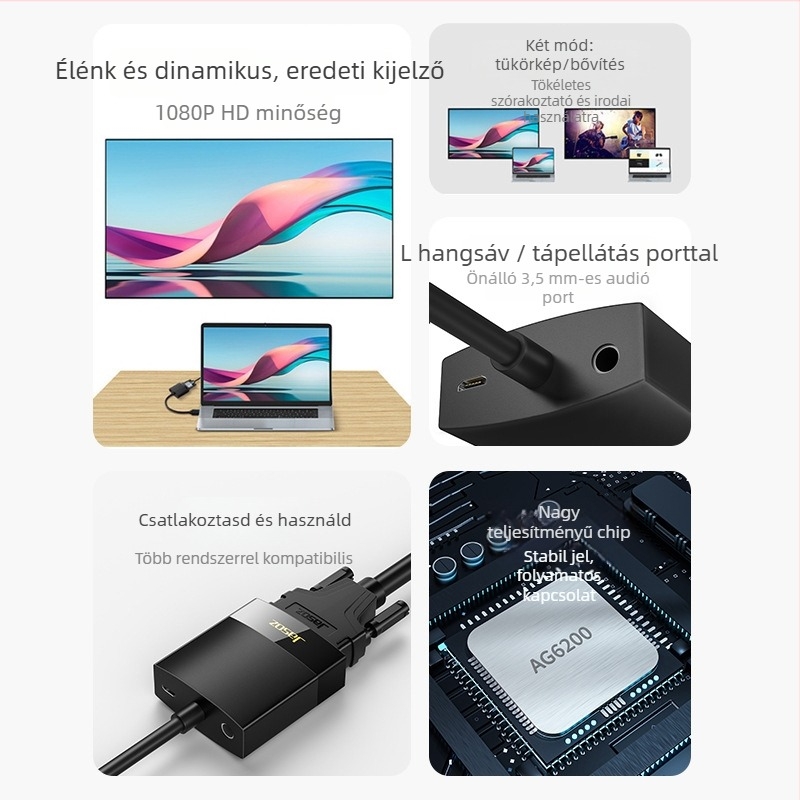 HDMI–to–VGA átalakító kábel, HDMI–VGA adapter, 0.25 m hosszú, réz vezetők, aranyozott csatlakozók, modell G101