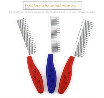 Háziállat-gondozó fésű, egy soros, hosszú és rövid fogakkal, rozsdamentes acélból, kutyák és macskák számára