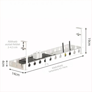 Fém asztal alatti kábelrendező állvány, furatmentes telepítés, kábel- és tápegység rendező, asztali kábel tároló doboz