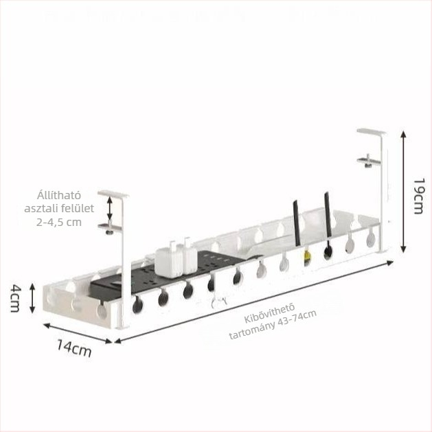 Fém asztal alatti kábelrendező állvány, furatmentes telepítés, kábel- és tápegység rendező, asztali kábel tároló doboz