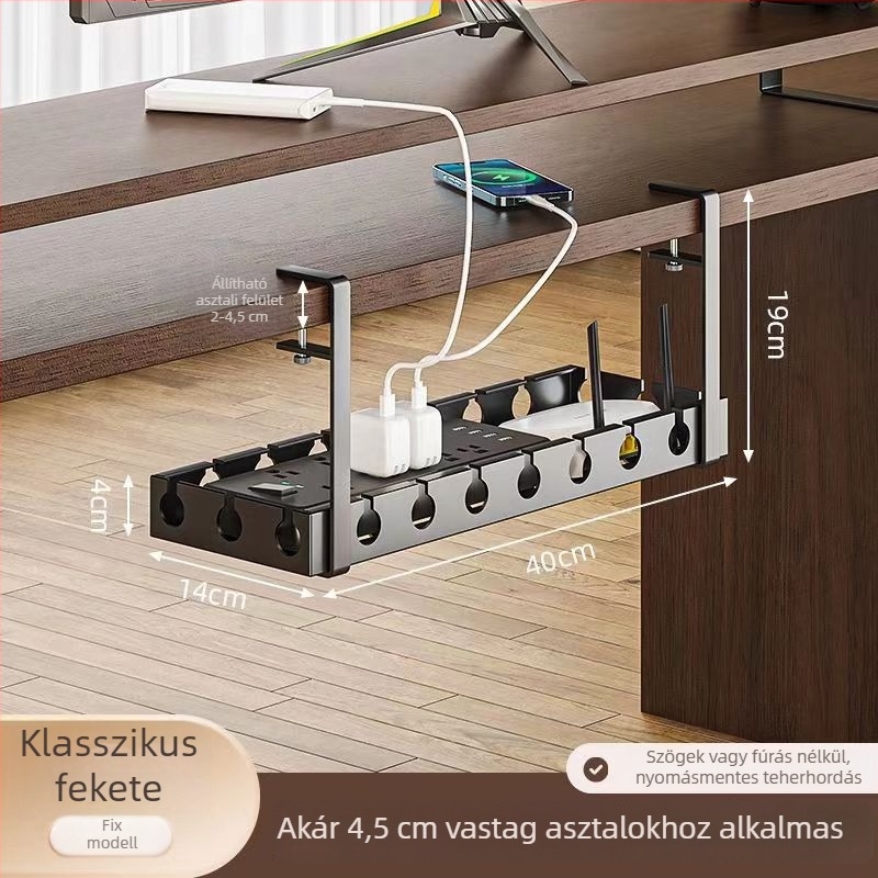 Fém asztal alatti kábelrendező állvány, furatmentes telepítés, kábel- és tápegység rendező, asztali kábel tároló doboz