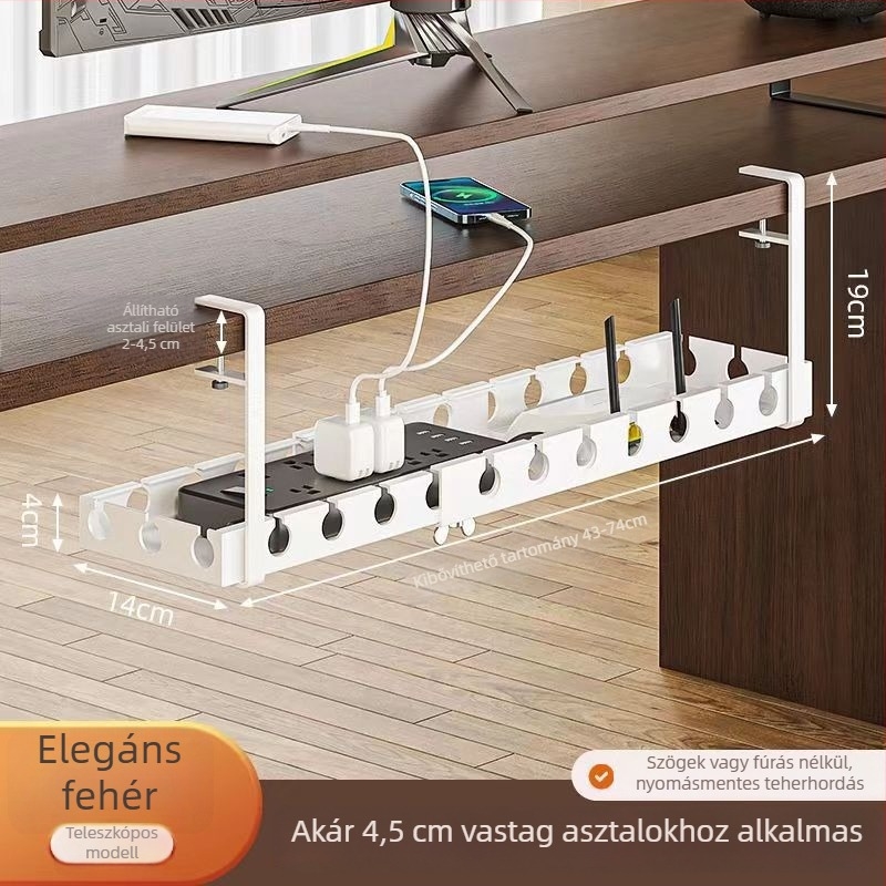 Fém asztal alatti kábelrendező állvány, furatmentes telepítés, kábel- és tápegység rendező, asztali kábel tároló doboz