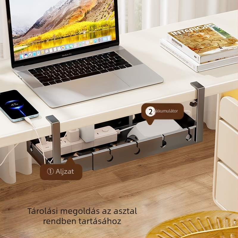 Asztali kábel- és power‑strip rendező doboz — kábelek rendszerezése és töltő tárolása