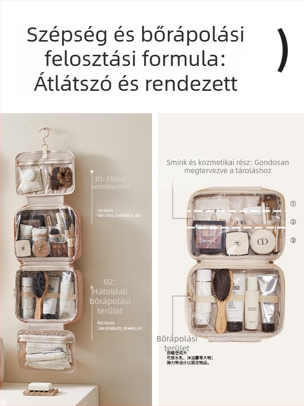 Nagy kapacitású sminktáska nőknek, vízálló és átlátszó, utazáshoz, PU béléssel