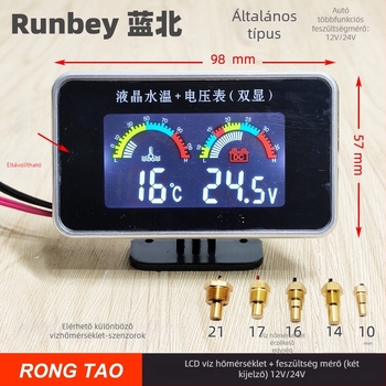 LED kijelzős autómérő RT237C — 12V/24V digitális vízhőmérséklet- és feszültségfigyelő alarmival, 0,14 kg