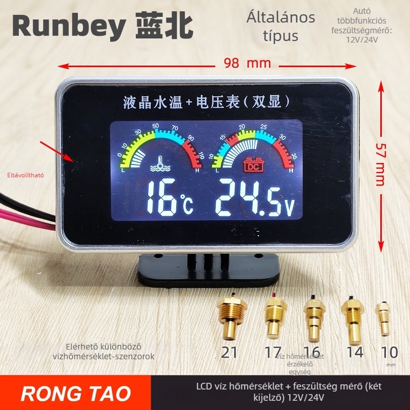 LED kijelzős autómérő RT237C — 12V/24V digitális vízhőmérséklet- és feszültségfigyelő alarmival, 0,14 kg