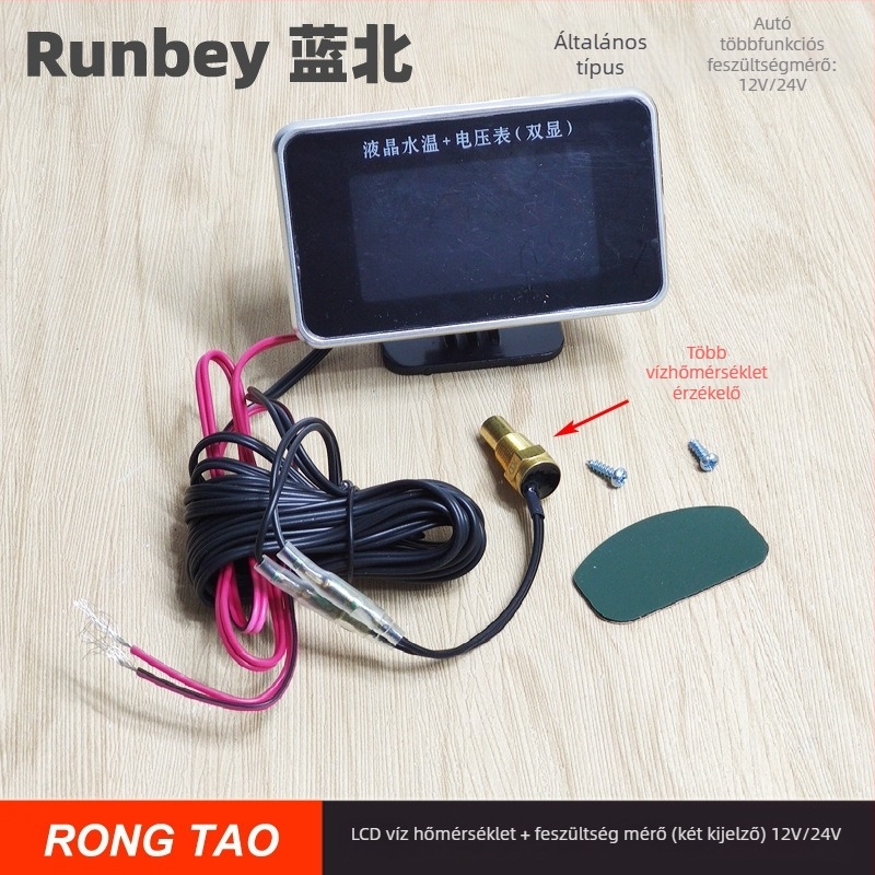 LED kijelzős autómérő RT237C — 12V/24V digitális vízhőmérséklet- és feszültségfigyelő alarmival, 0,14 kg