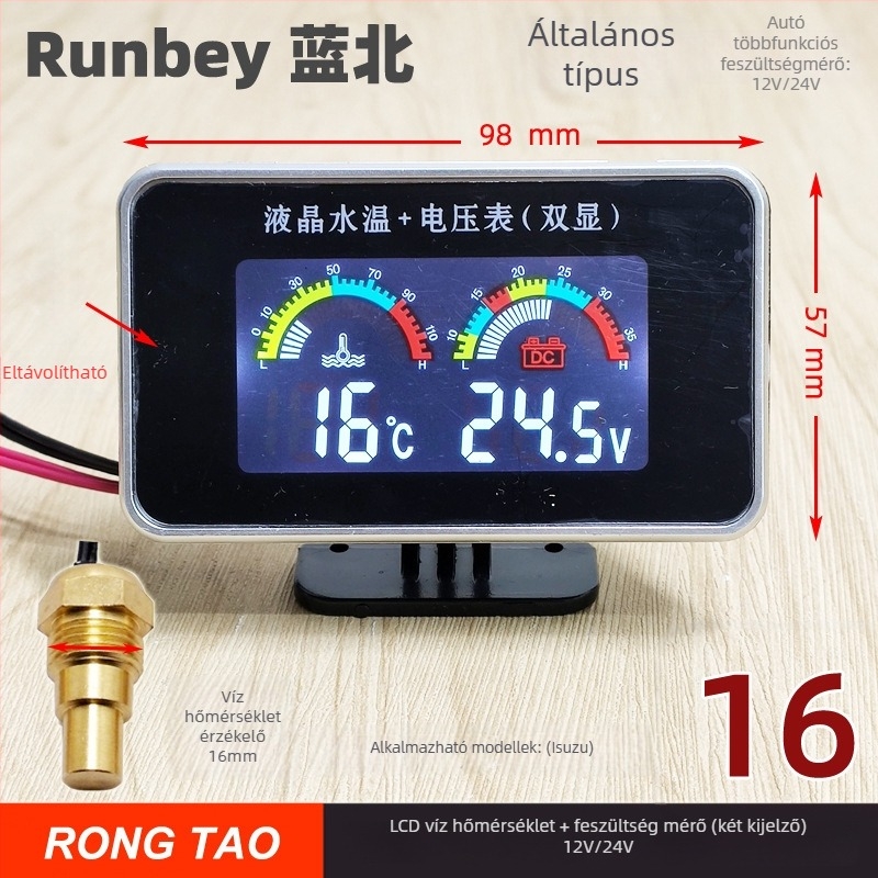 LED kijelzős autómérő RT237C — 12V/24V digitális vízhőmérséklet- és feszültségfigyelő alarmival, 0,14 kg