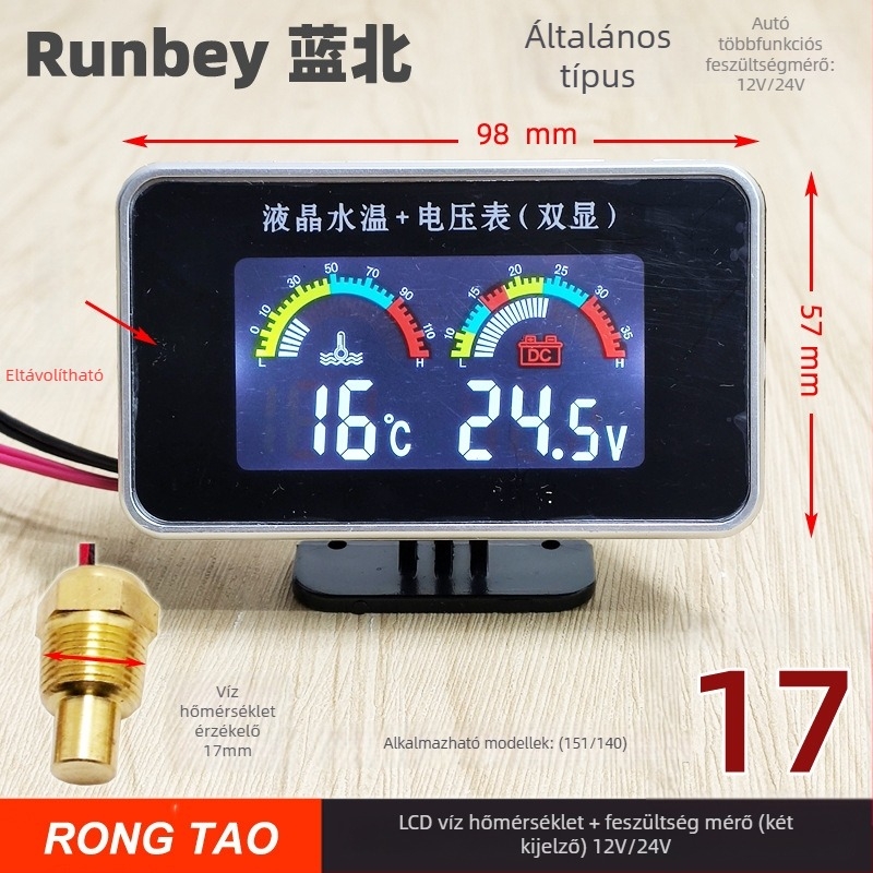 LED kijelzős autómérő RT237C — 12V/24V digitális vízhőmérséklet- és feszültségfigyelő alarmival, 0,14 kg