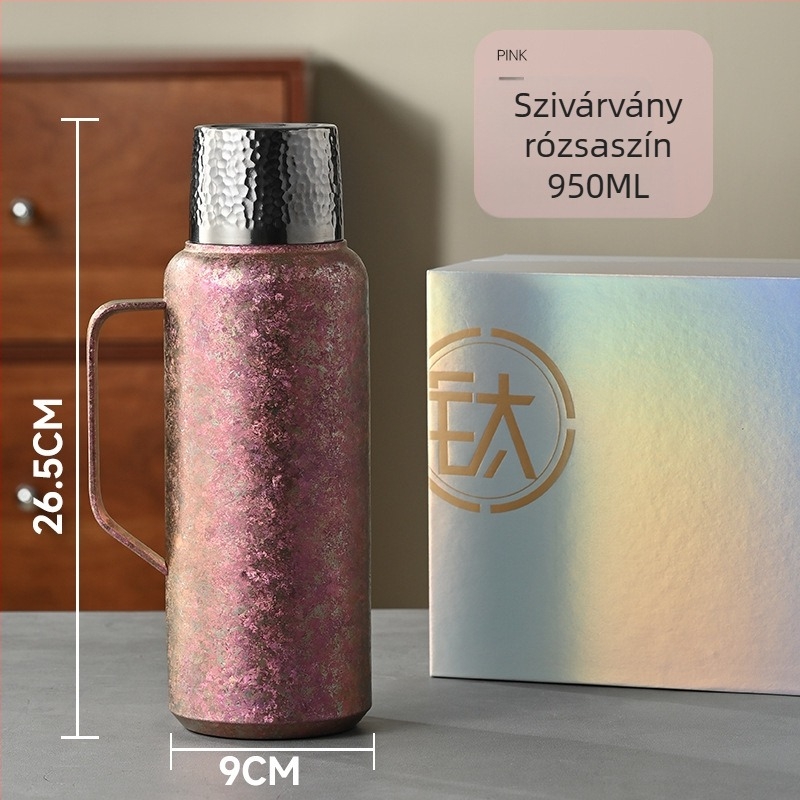 Tiszta titán termosz vákuum-szigeteltséggel, mechanikus hőmérővel, tea rekesszel és pop-up fedéllel.