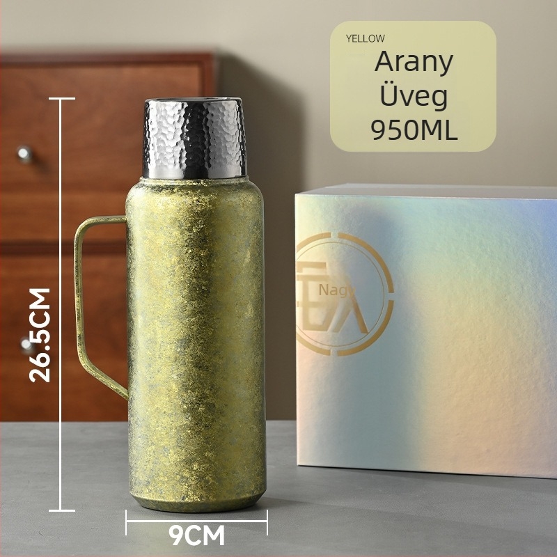 Tiszta titán termosz vákuum-szigeteltséggel, mechanikus hőmérővel, tea rekesszel és pop-up fedéllel.