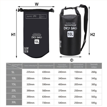 PVC vízálló vödörtáska szabadtéri tevékenységekhez – úszás, búvárkodás, hegymászás, kempingezés – 5L/10L/20L/30L