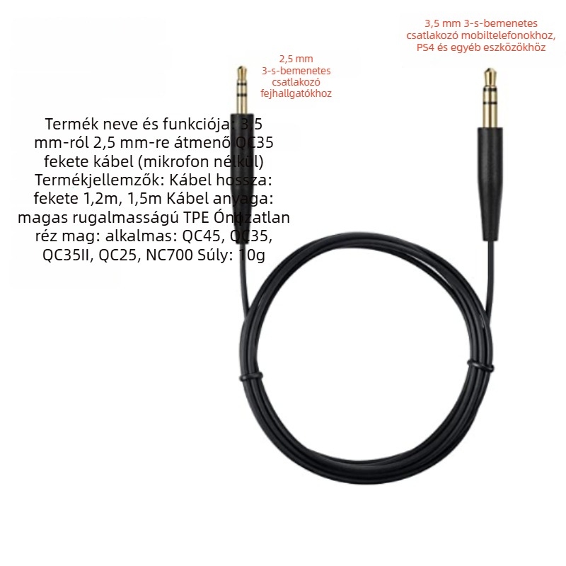 Gargamel Aranyozott Audio Kábel a Bose QuietComfort QC25/35/45/35ii/OE2/OE2i/NC700-hez – OFC réz vezető, mag tiszta réz, ROHS tanúsítvány, 10 g