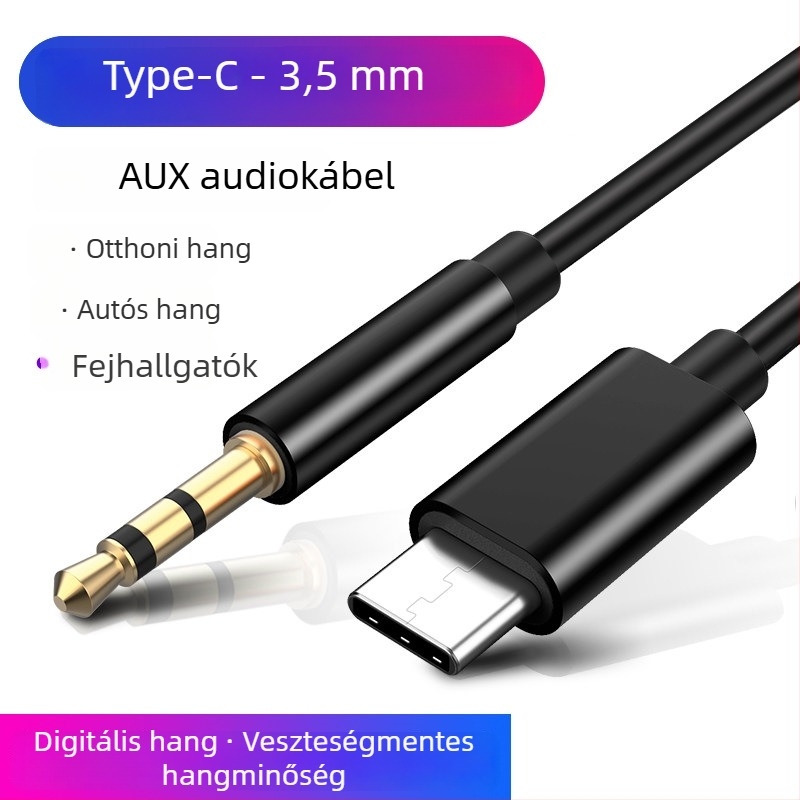 Type-C‑től 3,5 mm-es audió kábel fejhallgatókhoz, autórádióhoz és mobil eszközökhöz | Aranyozott csatlakozók, sodrott réz mag