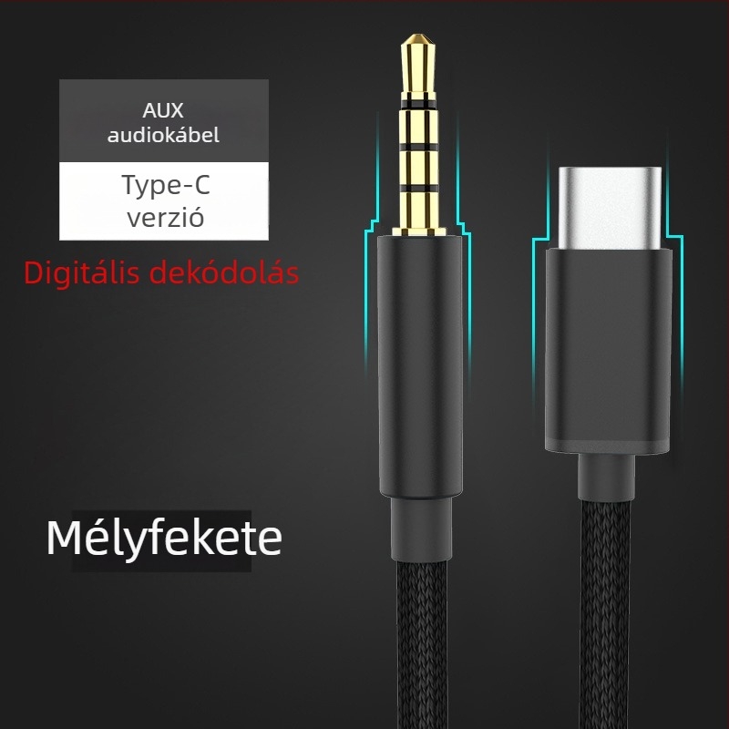 Type-C‑től 3,5 mm-es audió kábel fejhallgatókhoz, autórádióhoz és mobil eszközökhöz | Aranyozott csatlakozók, sodrott réz mag