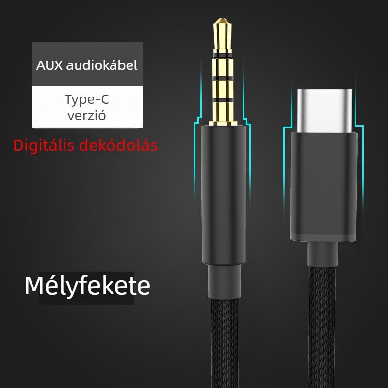 Type-C‑től 3,5 mm-es audió kábel fejhallgatókhoz, autórádióhoz és mobil eszközökhöz | Aranyozott csatlakozók, sodrott réz mag