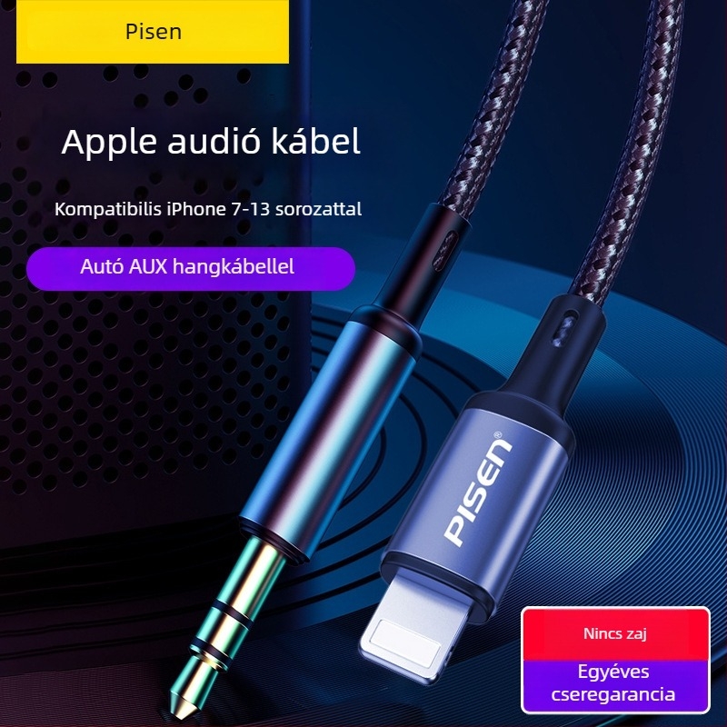 Pisen AUX autóhifi audio kábel, 3,5 mm, aranyozott, oxigénmentes réz, rézmag, CCC tanúsítvány