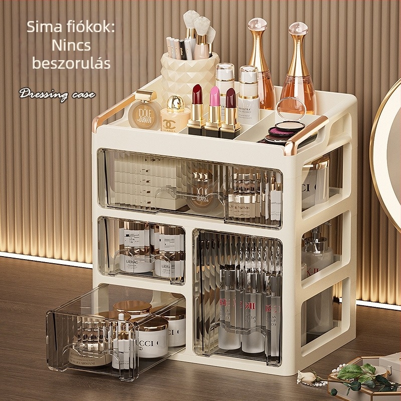 Asztali kozmetikai tároló szekrény, fiókokkal, többszintű szervező rúzsok és bőrápoláshoz; anyag: PP; logó nyomtatva: Igen; testreszabás: Elérhető; termék bevezetése: 2025; származás: Jieyang