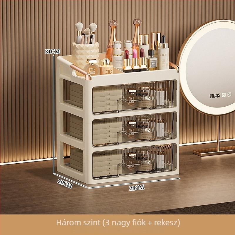 Asztali kozmetikai tároló szekrény, fiókokkal, többszintű szervező rúzsok és bőrápoláshoz; anyag: PP; logó nyomtatva: Igen; testreszabás: Elérhető; termék bevezetése: 2025; származás: Jieyang