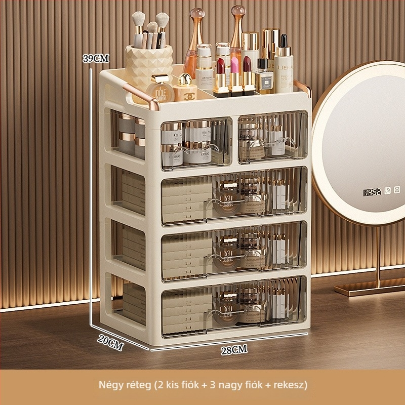 Asztali kozmetikai tároló szekrény, fiókokkal, többszintű szervező rúzsok és bőrápoláshoz; anyag: PP; logó nyomtatva: Igen; testreszabás: Elérhető; termék bevezetése: 2025; származás: Jieyang