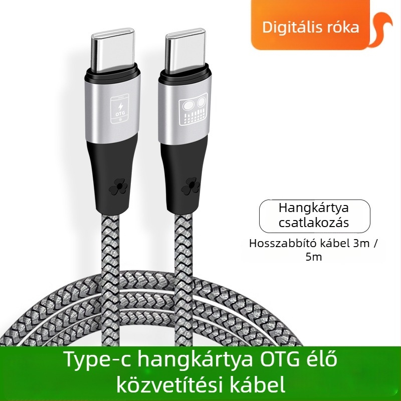 OTG hangkártya élő közvetítéséhez való kábel, kettős USB-C csatlakozók, ónnal bevont rézvezető