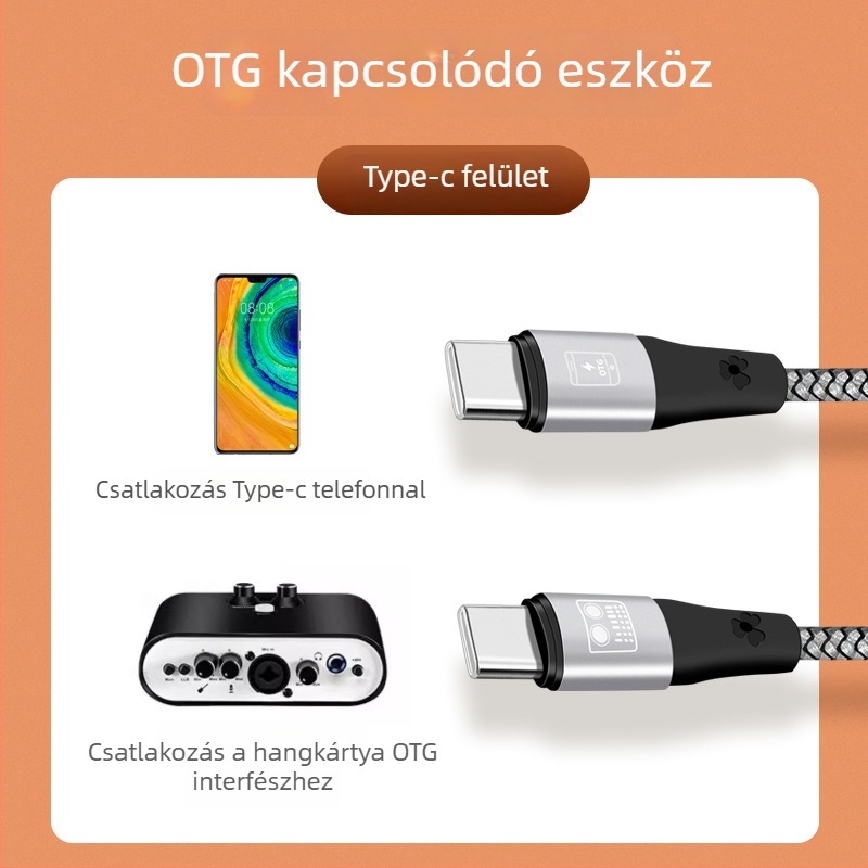 OTG hangkártya élő közvetítéséhez való kábel, kettős USB-C csatlakozók, ónnal bevont rézvezető