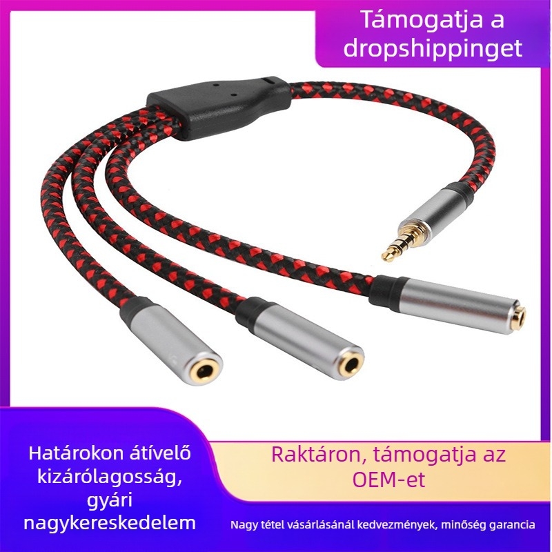 3,5 mm-es audio osztó kábel, 1 női bemenetből 3 női kimenet, aranyozott, alumíniumötvözet vezető