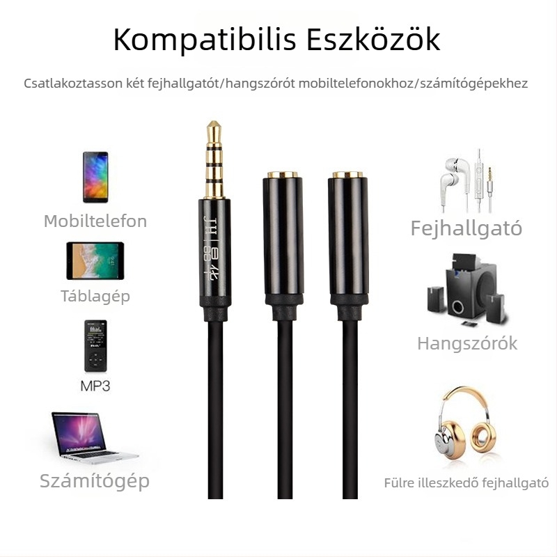 Jinghua 3,5 mm-es audió kábel, két férfi és egy női csatlakozó, 2-in-1 mikrofon és fejhallgató adapter számítógépre és telefonra